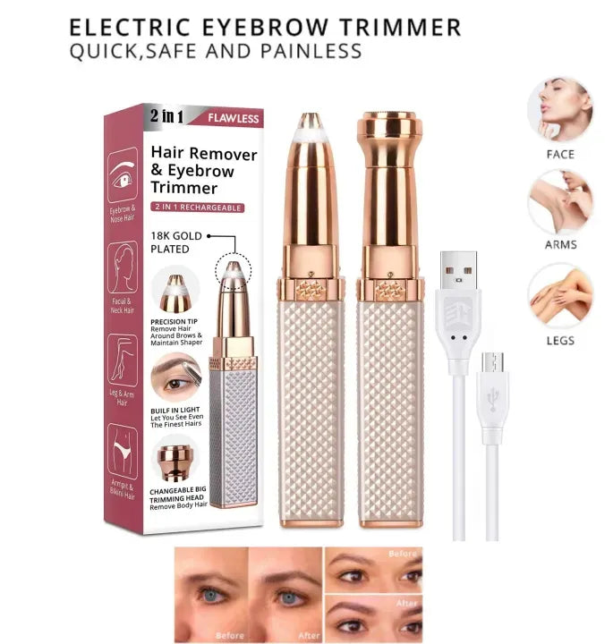Flawless 2 in 1 Electric Eyebrow Trimmer and Shaver, Rechargeable Hair Remover for All Parts